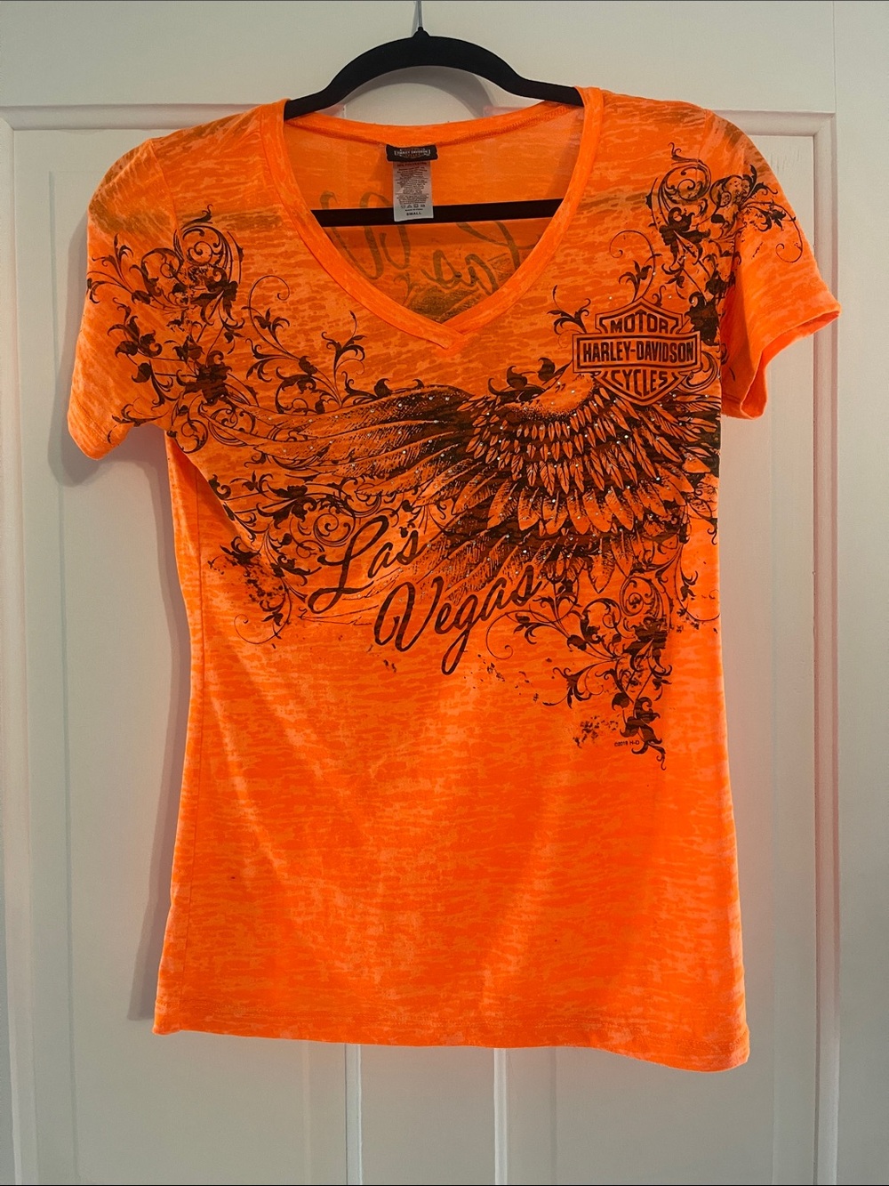 Harley-Davidson Women’s Neon Orange Las Vegas V-Neck Tee small